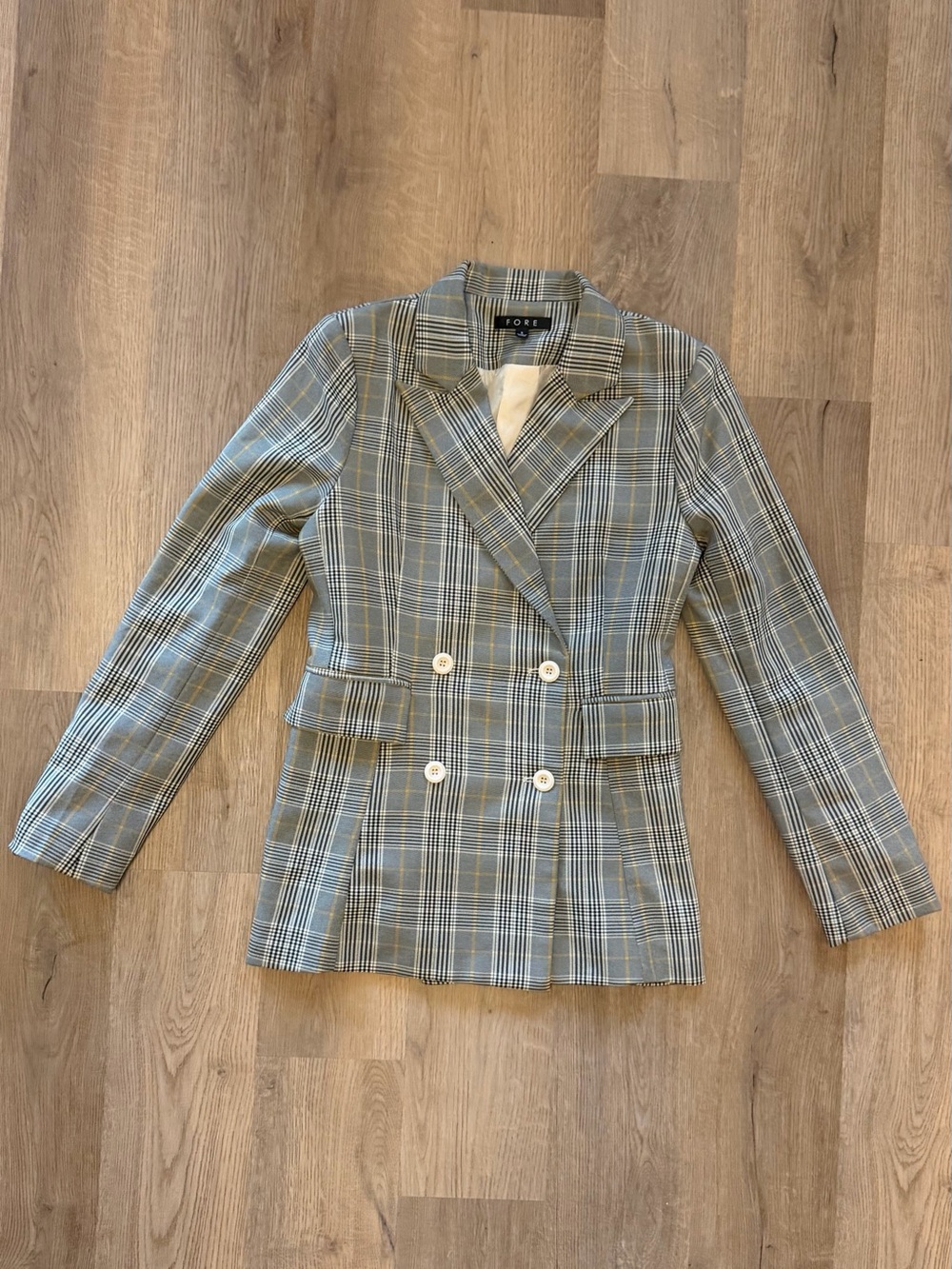 FORE Plaid Double Breasted Blazer Small Gray Black Mustard Preppy